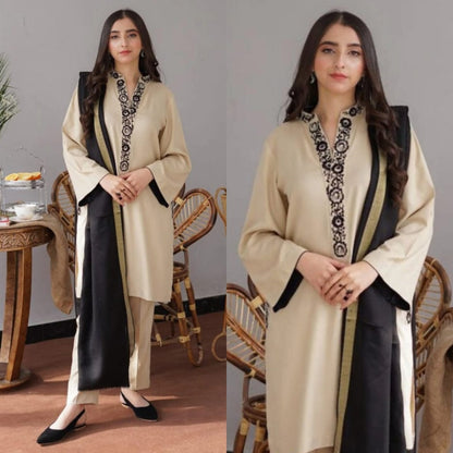 Dyed Dhanak 3 Piece Suit With Dhanak Embroidered Shawl And Patch