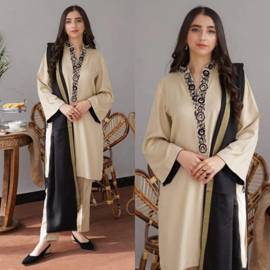 Dyed Dhanak 3 Piece Suit With Dhanak Embroidered Shawl And Patch