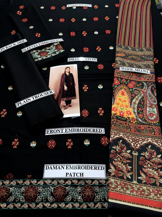 Embroidered Dhanak 3 Piece Suit With Wool Shawl