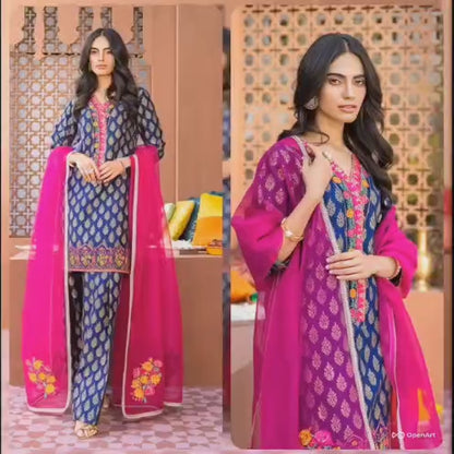 Digital Printed Lawn 3 Piece Suit With Embraided Patches