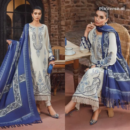 Embroidered Dhanak 3 Piece Suit With Wool Shawl