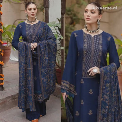 Embroidered Dhanak 3 Piece Suit With Patch And Shawl