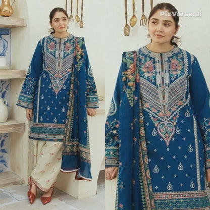 Embroidered Dhanak 3 Piece Suit With Wool Shawl