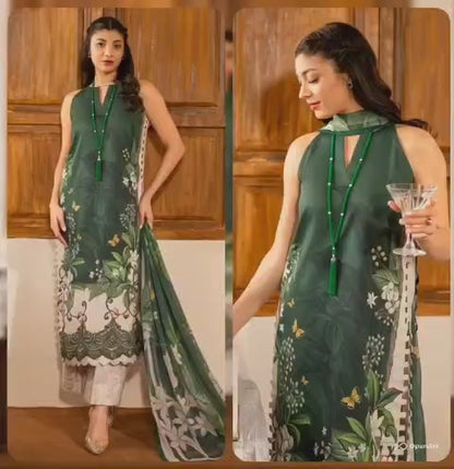 Digital Printed Lawn 3 Piece Suit With Embraided Patches