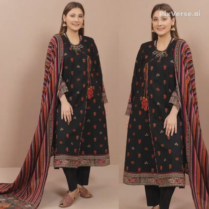 Embroidered Dhanak 3 Piece Suit With Wool Shawl