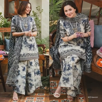 Digital Printed Lawn 3 Piece Suit With Neckline Patch