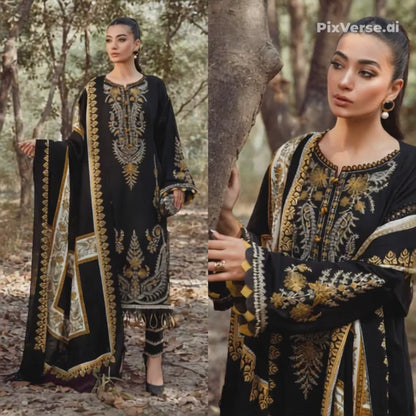 Embraided  Dhanak 3 Piece Suit With Wool Shawl