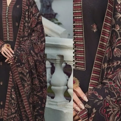 Embroidered Dhanak 3 Piece Suit With Patch And Shawl