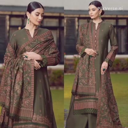 Embroidered Dhanak 3 Piece Suit With Patch And Shawl