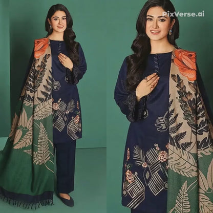 Embroidered Dhanak 3 Piece Suit With Wool Shawl