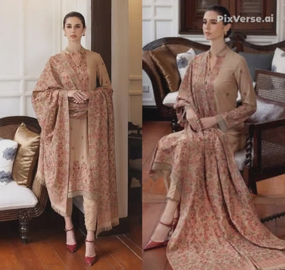 Embroidered Dhanak 3 Piece Suit With Shawl