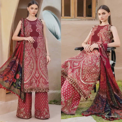 Digital Printed Lawn 3 Piece Suit With Embraided Patches