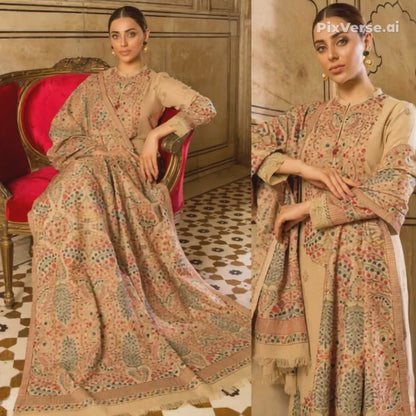 Embroidered Dhanak 3 Piece Suit With Shawl