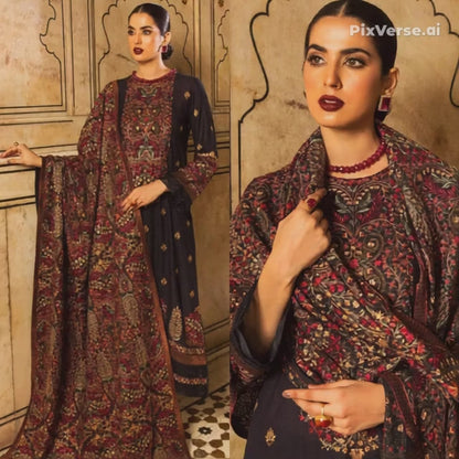 Embroidered Dhanak 3 Piece Suit With Shawl