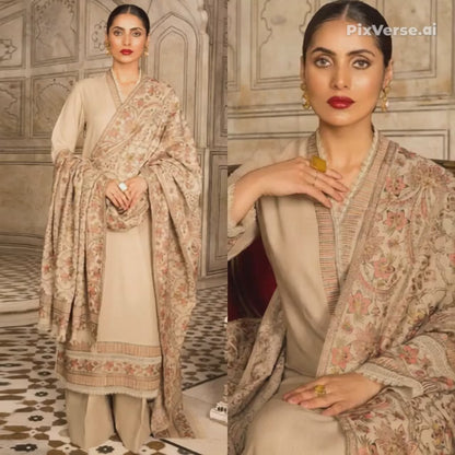Dyed dhanak 3 Piece Suit With Shawl